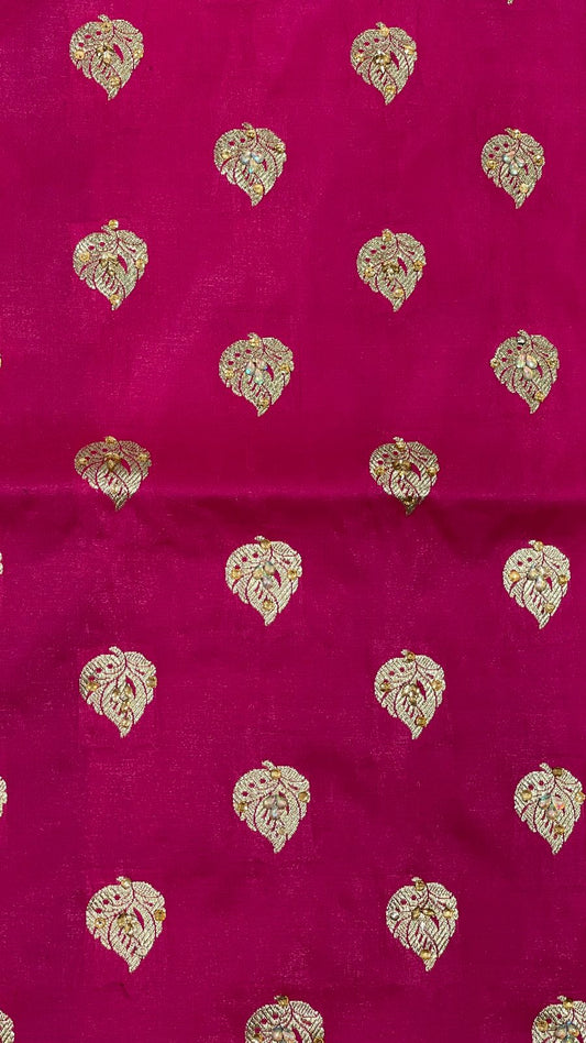 Faishana Presents Pink Stone Work Golden Zari Booti with Contrast Green Paisley Lehariya Pallu Zari Border with Green Blouse Banarasi Saree