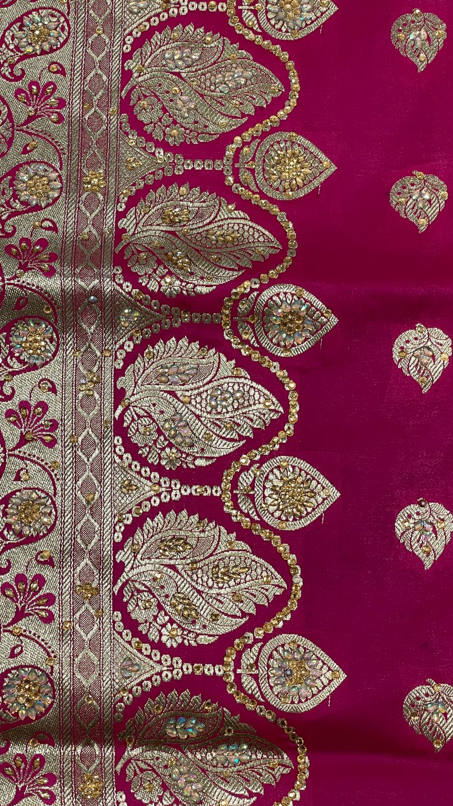 Faishana Presents Pink Stone Work Golden Zari Booti with Contrast Green Paisley Lehariya Pallu Zari Border with Green Blouse Banarasi Saree