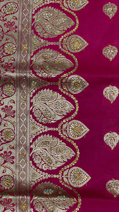 Faishana Presents Pink Stone Work Golden Zari Booti with Contrast Green Paisley Lehariya Pallu Zari Border with Green Blouse Banarasi Saree