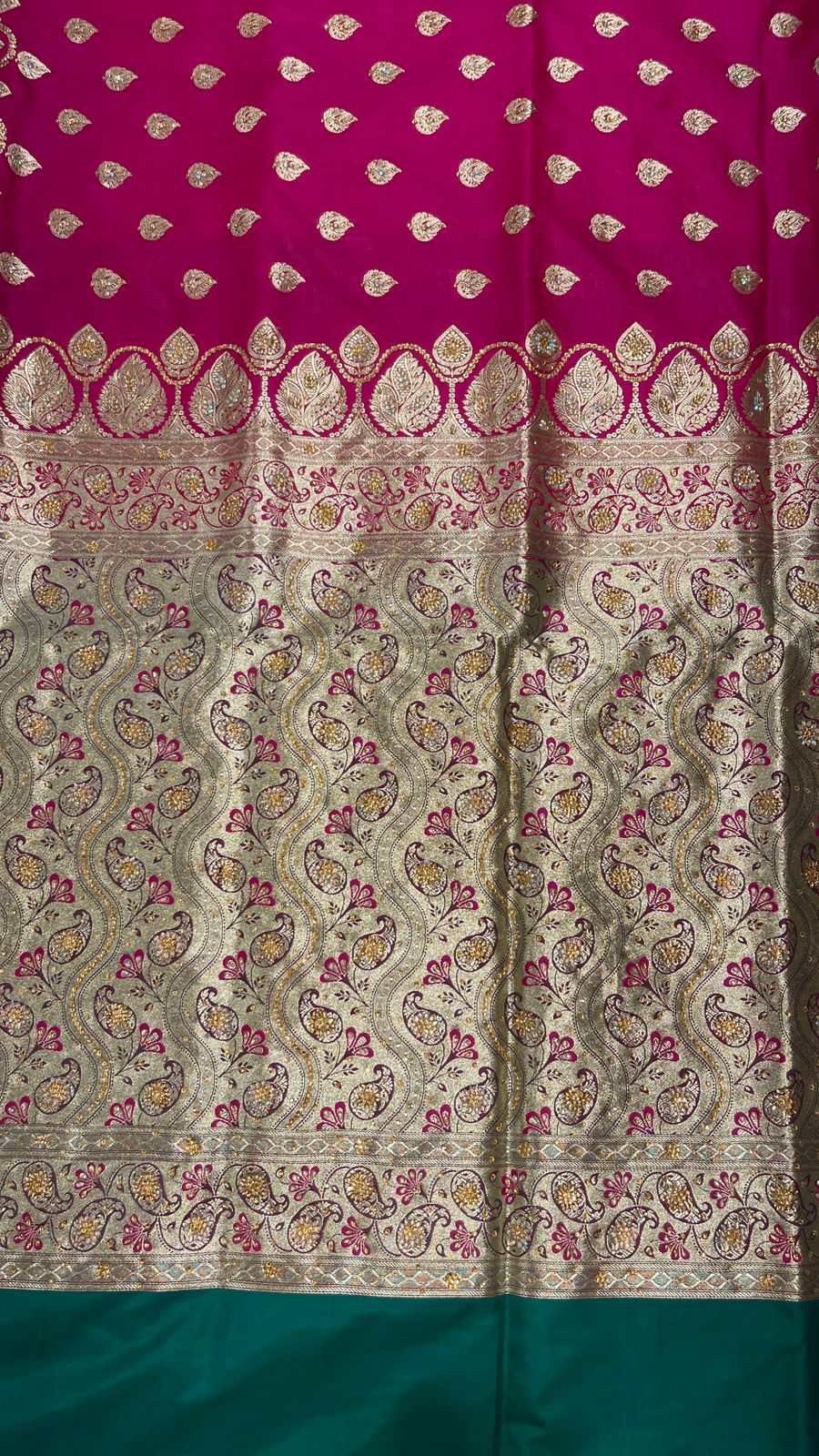 Faishana Presents Pink Stone Work Golden Zari Booti with Contrast Green Paisley Lehariya Pallu Zari Border with Green Blouse Banarasi Saree