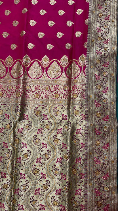 Faishana Presents Pink Stone Work Golden Zari Booti with Contrast Green Paisley Lehariya Pallu Zari Border with Green Blouse Banarasi Saree