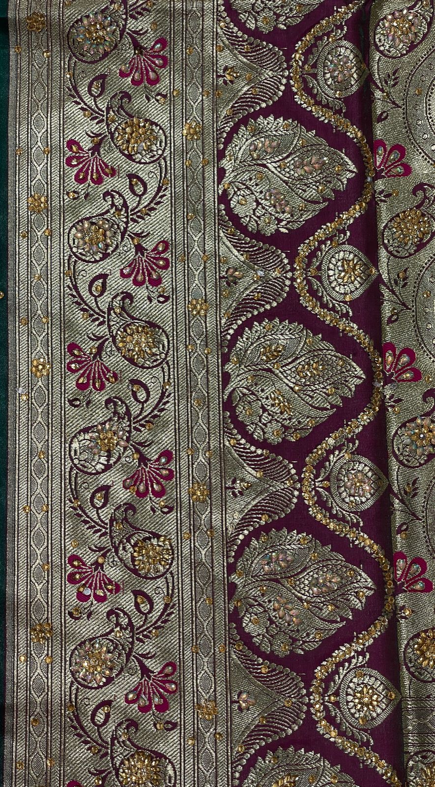 Faishana Presents Pink Stone Work Golden Zari Booti with Contrast Green Paisley Lehariya Pallu Zari Border with Green Blouse Banarasi Saree