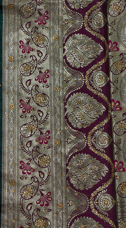 Faishana Presents Pink Stone Work Golden Zari Booti with Contrast Green Paisley Lehariya Pallu Zari Border with Green Blouse Banarasi Saree
