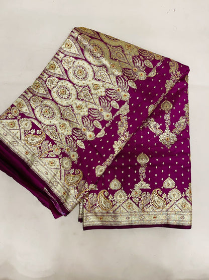 Faishana Presents Purple Stone Work Golden Zari Zig-Zag Stripe Booti Jaal with Floral Heavy Pallu Zari Border with Purple Blouse Banarasi Saree