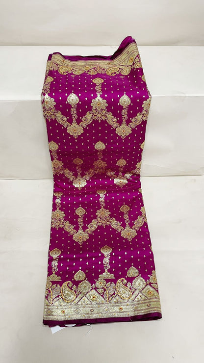 Faishana Presents Purple Stone Work Golden Zari Zig-Zag Stripe Booti Jaal with Floral Heavy Pallu Zari Border with Purple Blouse Banarasi Saree