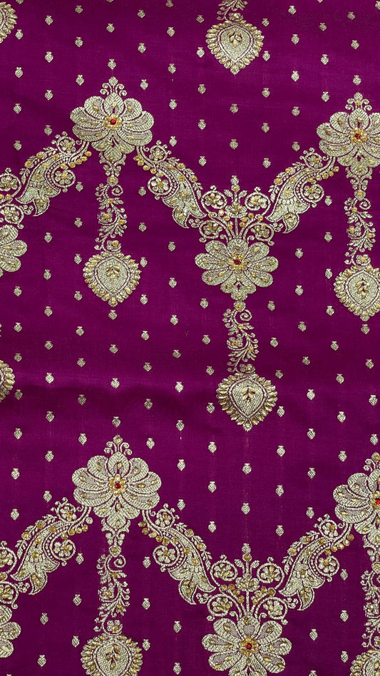 Faishana Presents Purple Stone Work Golden Zari Zig-Zag Stripe Booti Jaal with Floral Heavy Pallu Zari Border with Purple Blouse Banarasi Saree