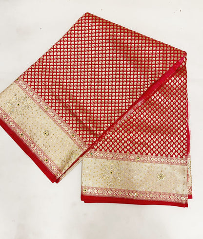 Faishana Presents Red Satin Silk Stone Work Golden Zari Chunri Booti with Banarasi Zari Border and Red Blouse
