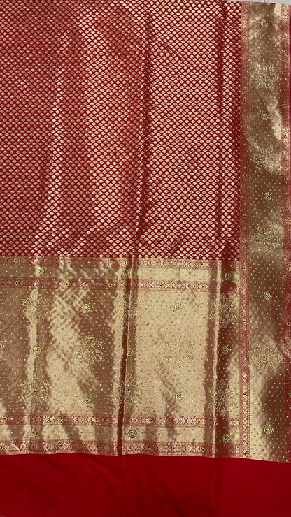 Faishana Presents Red Satin Silk Stone Work Golden Zari Chunri Booti with Banarasi Zari Border and Red Blouse
