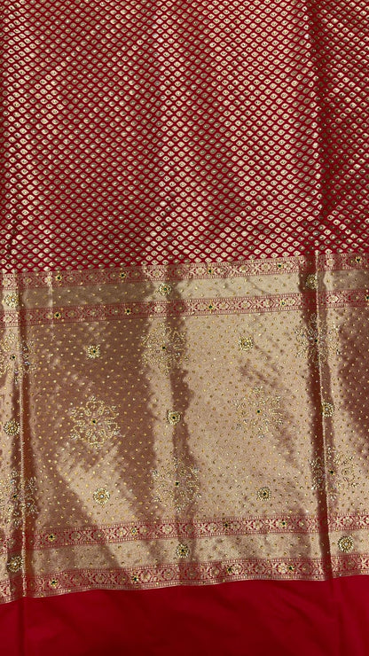 Faishana Presents Red Satin Silk Stone Work Golden Zari Chunri Booti with Banarasi Zari Border and Red Blouse