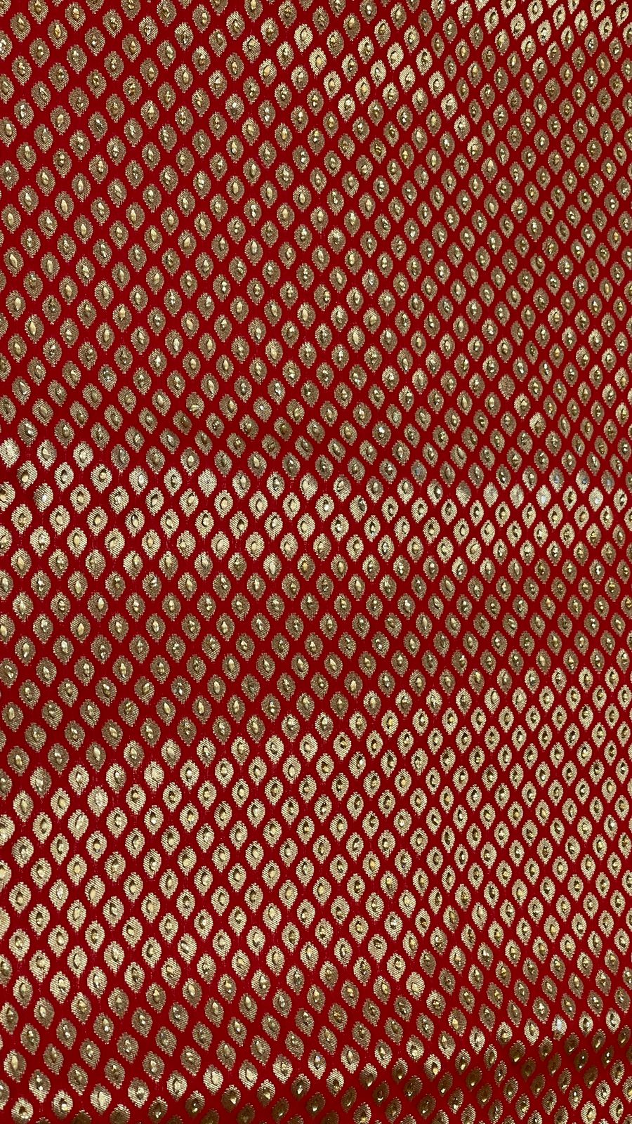 Faishana Presents Red Satin Silk Stone Work Golden Zari Chunri Booti with Banarasi Zari Border and Red Blouse