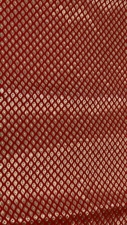 Faishana Presents Red Satin Silk Stone Work Golden Zari Chunri Booti with Banarasi Zari Border and Red Blouse