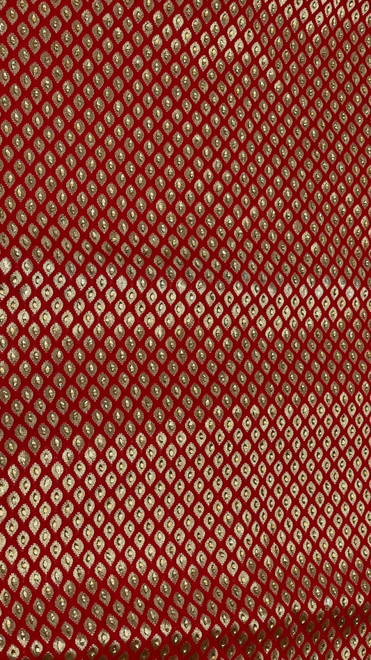 Faishana Presents Red Satin Silk Stone Work Golden Zari Chunri Booti with Banarasi Zari Border and Red Blouse