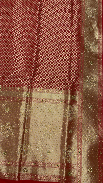 Faishana Presents Red Satin Silk Stone Work Golden Zari Chunri Booti with Banarasi Zari Border and Red Blouse
