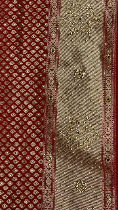 Faishana Presents Red Satin Silk Stone Work Golden Zari Chunri Booti with Banarasi Zari Border and Red Blouse