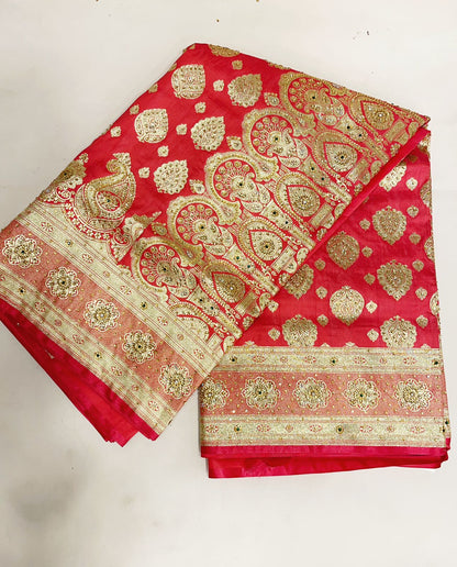 Faishana Presents Peach Stone Work Golden Zari Boota Zari Border Banarasi Saree with Peach Blouse