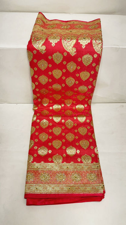 Faishana Presents Peach Stone Work Golden Zari Boota Zari Border Banarasi Saree with Peach Blouse