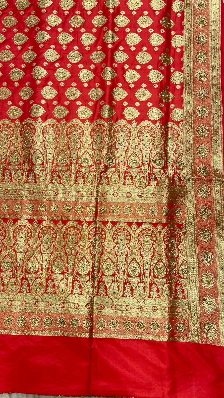 Faishana Presents Peach Stone Work Golden Zari Boota Zari Border Banarasi Saree with Peach Blouse
