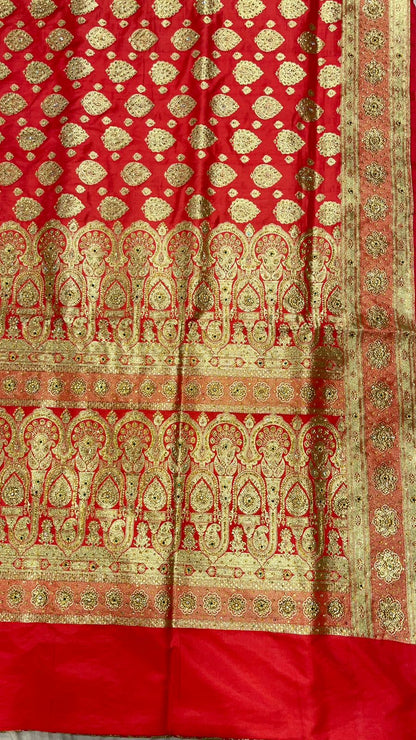 Faishana Presents Peach Stone Work Golden Zari Boota Zari Border Banarasi Saree with Peach Blouse