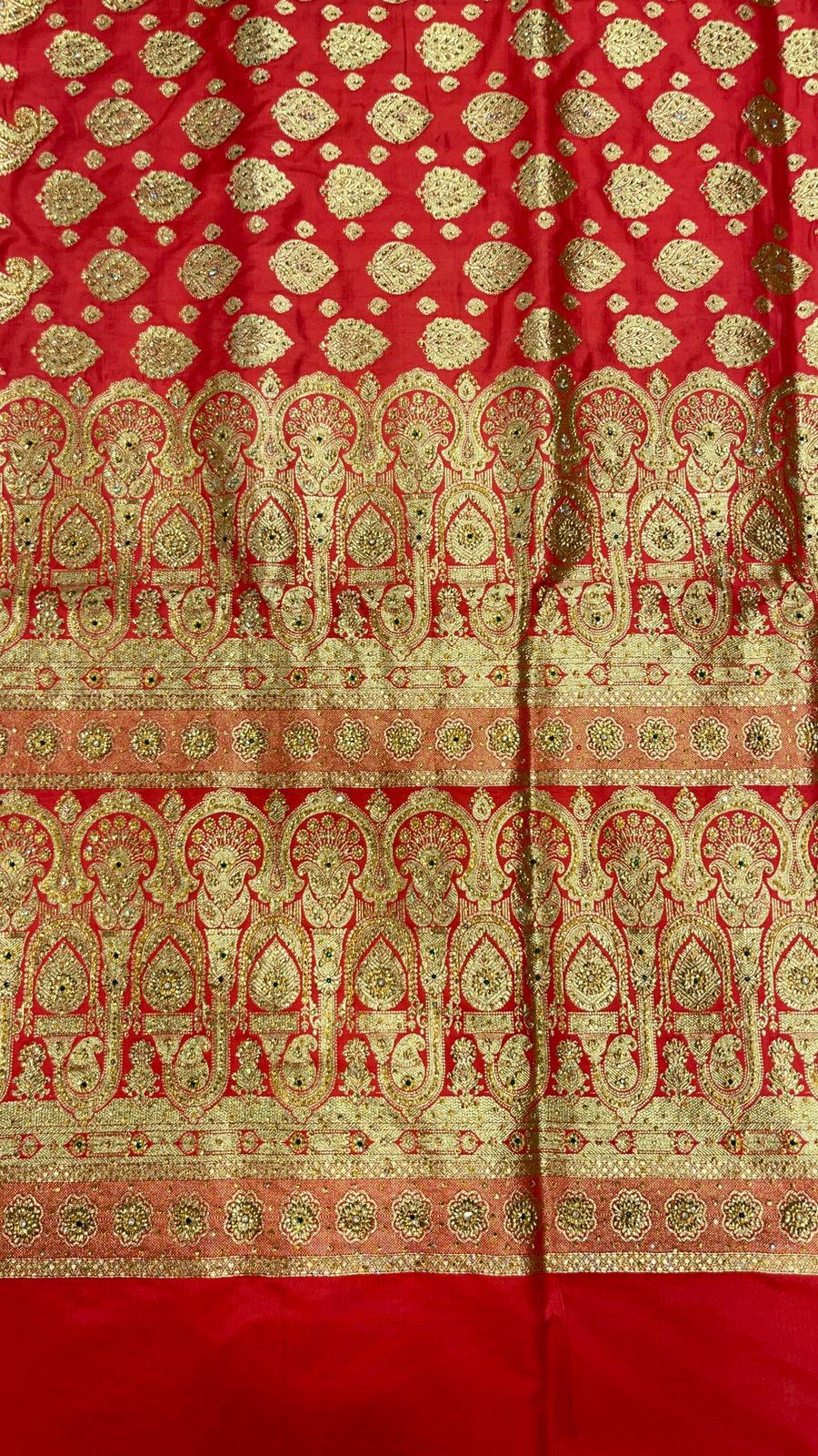 Faishana Presents Peach Stone Work Golden Zari Boota Zari Border Banarasi Saree with Peach Blouse