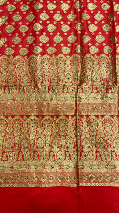 Faishana Presents Peach Stone Work Golden Zari Boota Zari Border Banarasi Saree with Peach Blouse