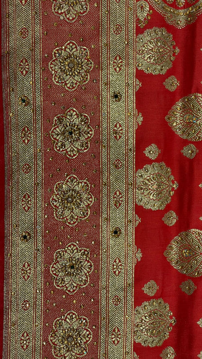 Faishana Presents Peach Stone Work Golden Zari Boota Zari Border Banarasi Saree with Peach Blouse