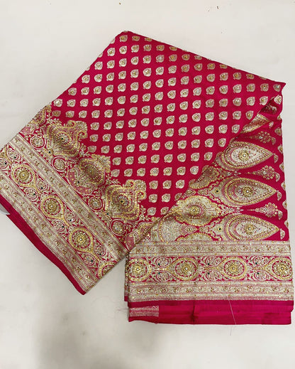 Faishana Presents Pink Stone Work Golden Zari Booti with Floral Heavy Pallu Zari Border and Pink Blouse Banarasi Saree