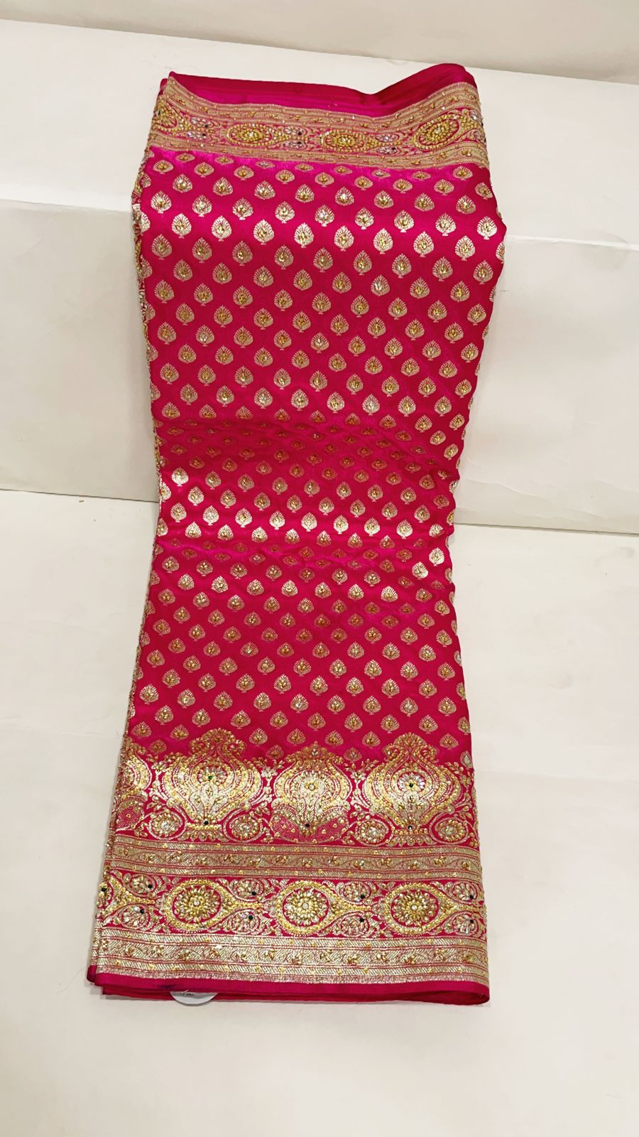 Faishana Presents Pink Stone Work Golden Zari Booti with Floral Heavy Pallu Zari Border and Pink Blouse Banarasi Saree