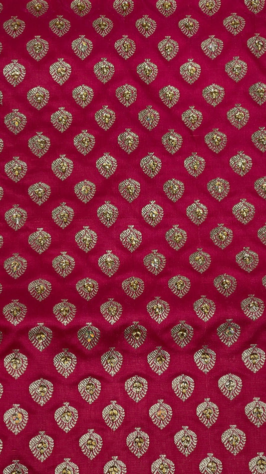 Faishana Presents Pink Stone Work Golden Zari Booti with Floral Heavy Pallu Zari Border and Pink Blouse Banarasi Saree