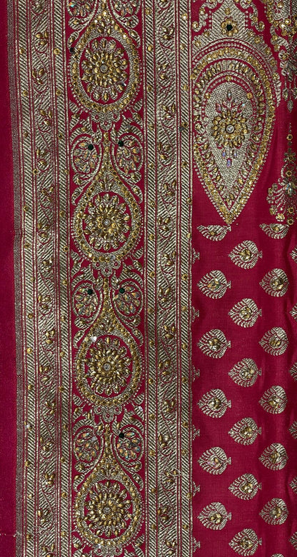 Faishana Presents Pink Stone Work Golden Zari Booti with Floral Heavy Pallu Zari Border and Pink Blouse Banarasi Saree