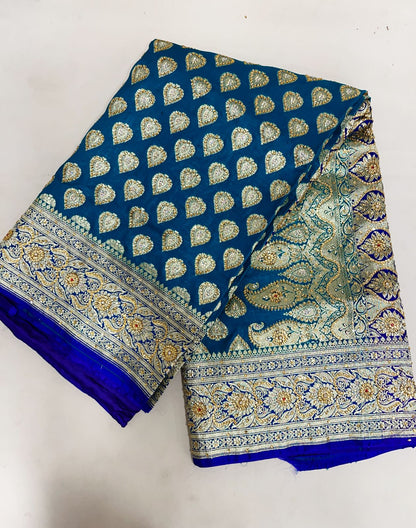 Faishana Presents Green Stone Work Golden Zari Boota with Contrast Blue Pallu Zari Border and Blue Blouse Banarasi Saree