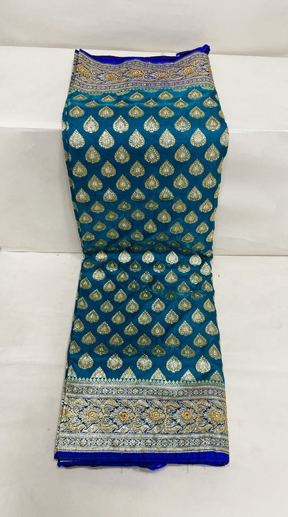 Faishana Presents Green Stone Work Golden Zari Boota with Contrast Blue Pallu Zari Border and Blue Blouse Banarasi Saree