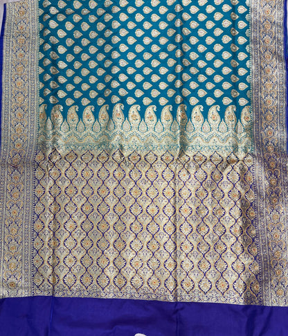 Faishana Presents Green Stone Work Golden Zari Boota with Contrast Blue Pallu Zari Border and Blue Blouse Banarasi Saree