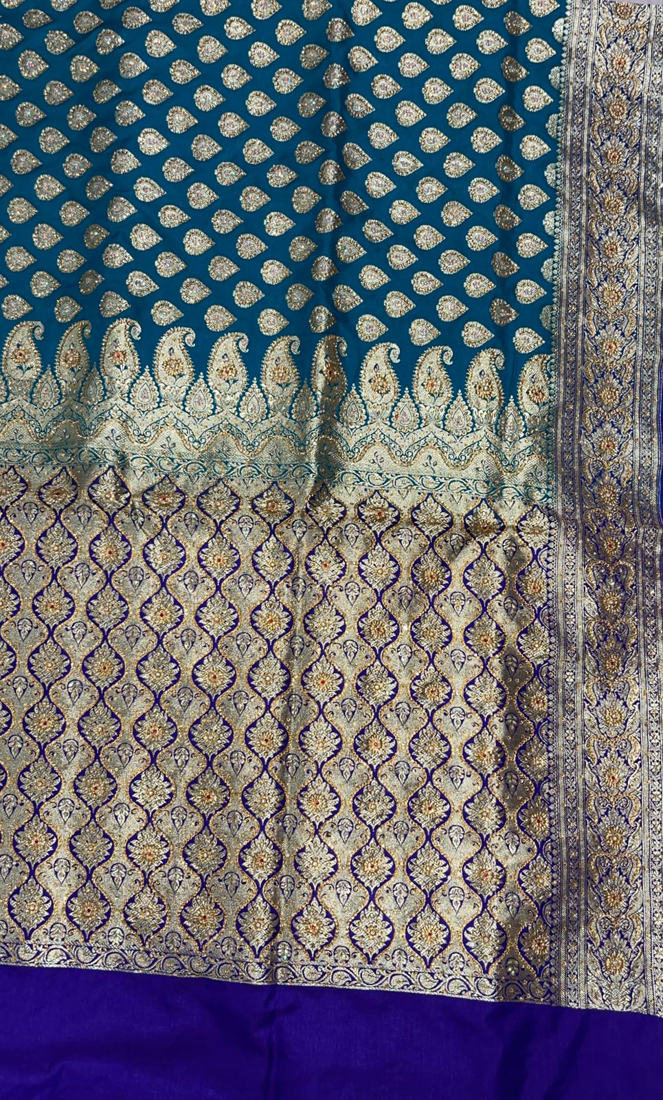 Faishana Presents Green Stone Work Golden Zari Boota with Contrast Blue Pallu Zari Border and Blue Blouse Banarasi Saree