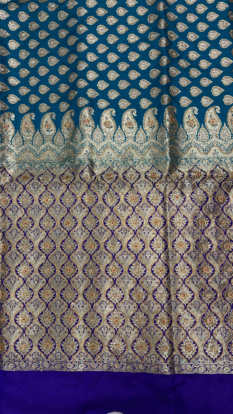Faishana Presents Green Stone Work Golden Zari Boota with Contrast Blue Pallu Zari Border and Blue Blouse Banarasi Saree
