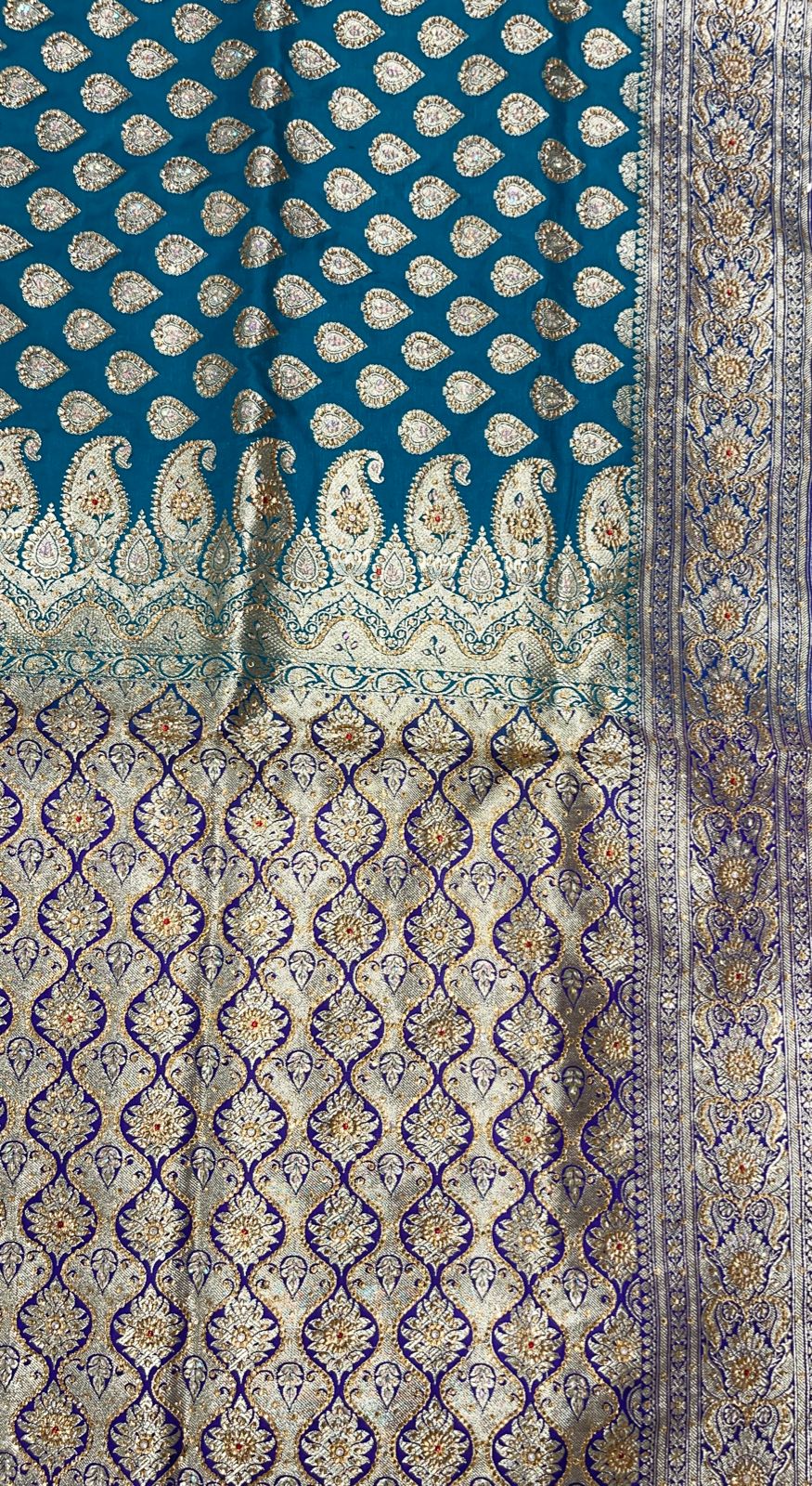 Faishana Presents Green Stone Work Golden Zari Boota with Contrast Blue Pallu Zari Border and Blue Blouse Banarasi Saree