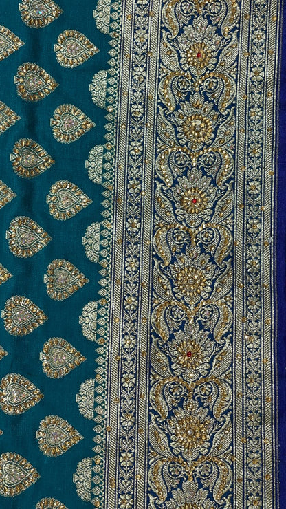 Faishana Presents Green Stone Work Golden Zari Boota with Contrast Blue Pallu Zari Border and Blue Blouse Banarasi Saree