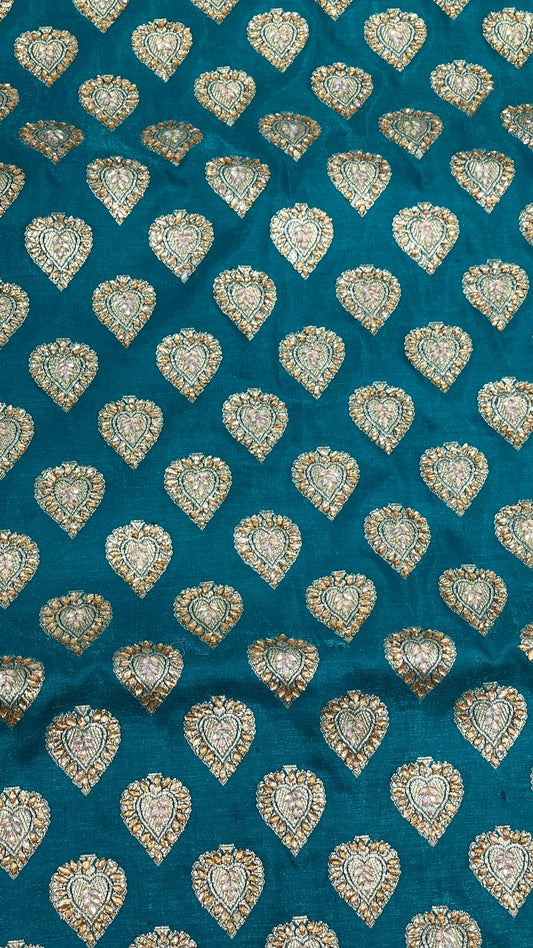 Faishana Presents Green Stone Work Golden Zari Boota with Contrast Blue Pallu Zari Border and Blue Blouse Banarasi Saree