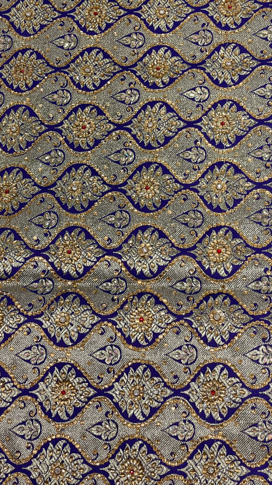 Faishana Presents Green Stone Work Golden Zari Boota with Contrast Blue Pallu Zari Border and Blue Blouse Banarasi Saree