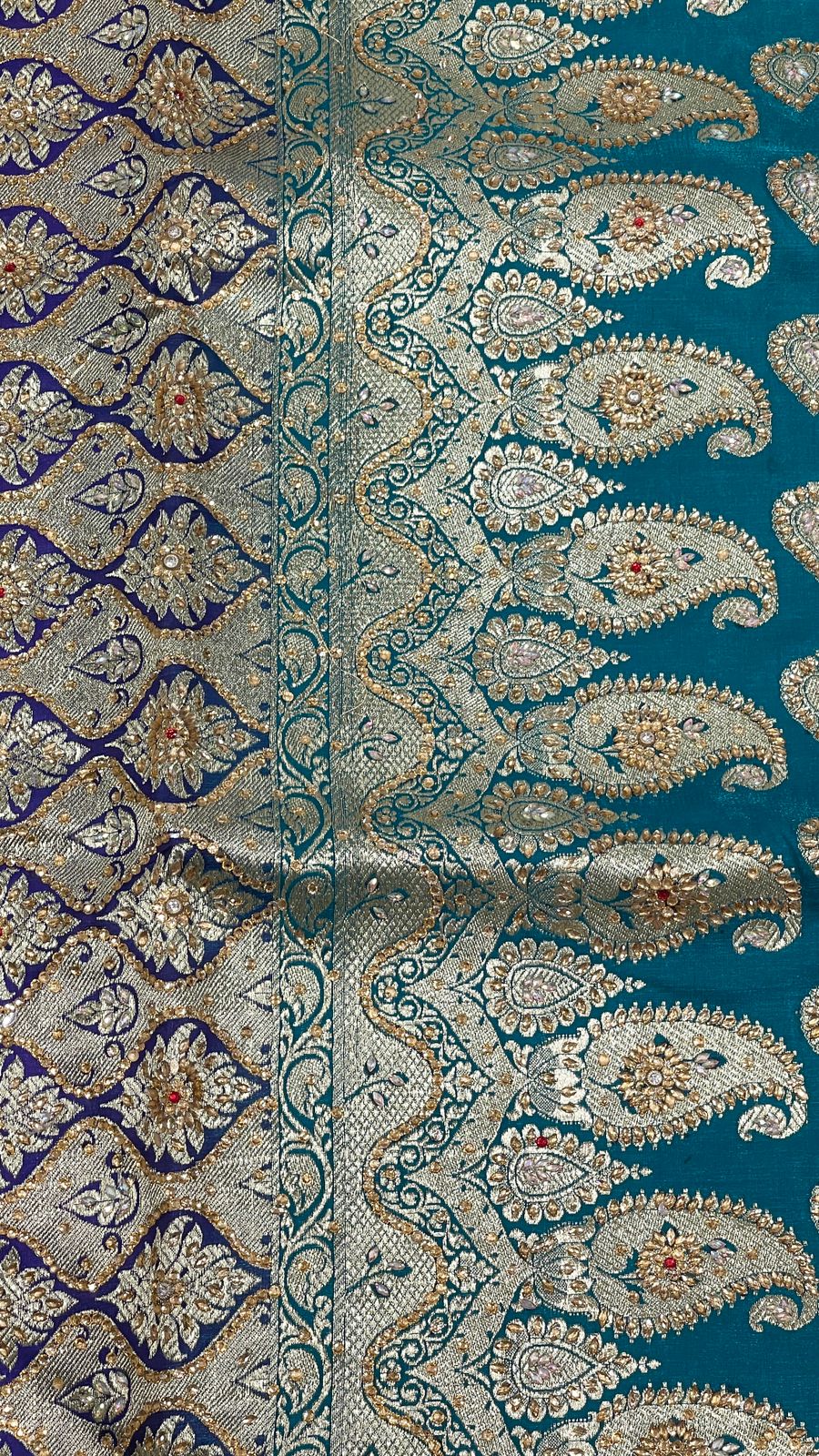 Faishana Presents Green Stone Work Golden Zari Boota with Contrast Blue Pallu Zari Border and Blue Blouse Banarasi Saree