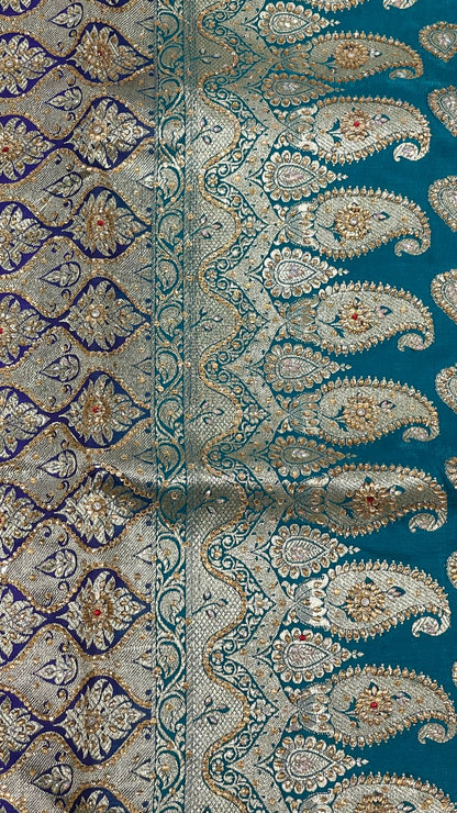 Faishana Presents Green Stone Work Golden Zari Boota with Contrast Blue Pallu Zari Border and Blue Blouse Banarasi Saree