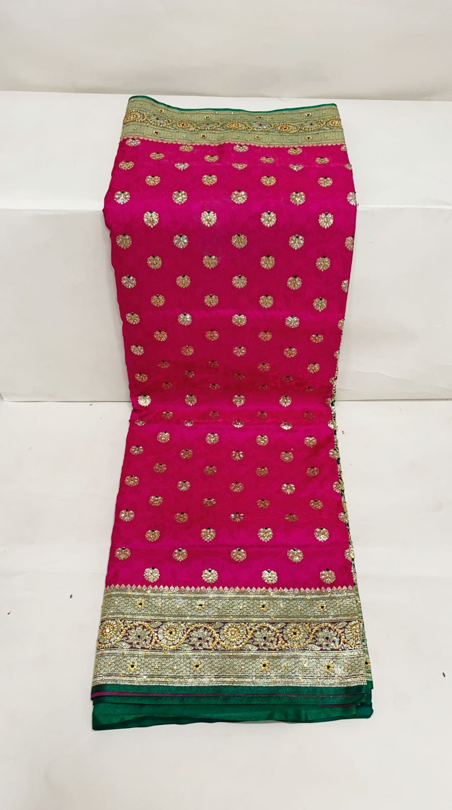 Faishana Presents Pink Stone Work Golden Zari Floral Booti with Contrast Green Paisley Pallu Zari Border and Green Blouse Banarasi Saree