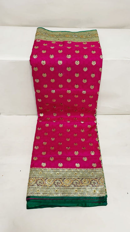 Faishana Presents Pink Stone Work Golden Zari Floral Booti with Contrast Green Paisley Pallu Zari Border and Green Blouse Banarasi Saree