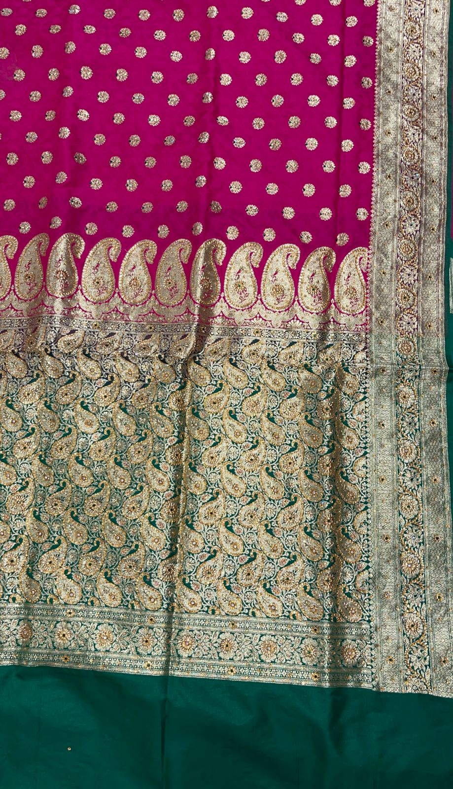 Faishana Presents Pink Stone Work Golden Zari Floral Booti with Contrast Green Paisley Pallu Zari Border and Green Blouse Banarasi Saree