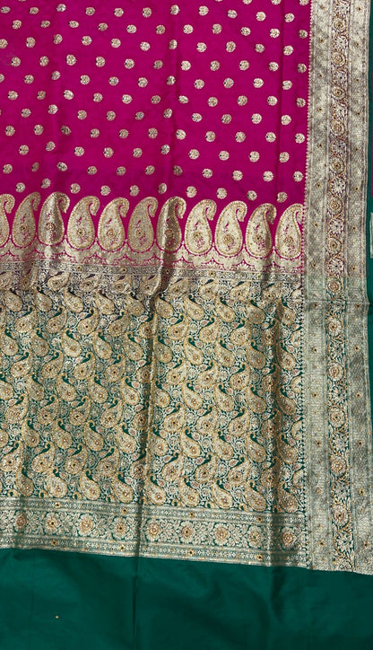 Faishana Presents Pink Stone Work Golden Zari Floral Booti with Contrast Green Paisley Pallu Zari Border and Green Blouse Banarasi Saree