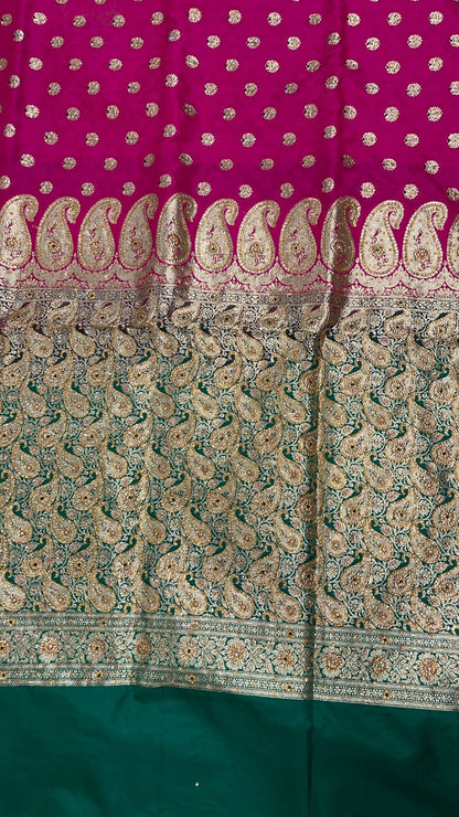 Faishana Presents Pink Stone Work Golden Zari Floral Booti with Contrast Green Paisley Pallu Zari Border and Green Blouse Banarasi Saree