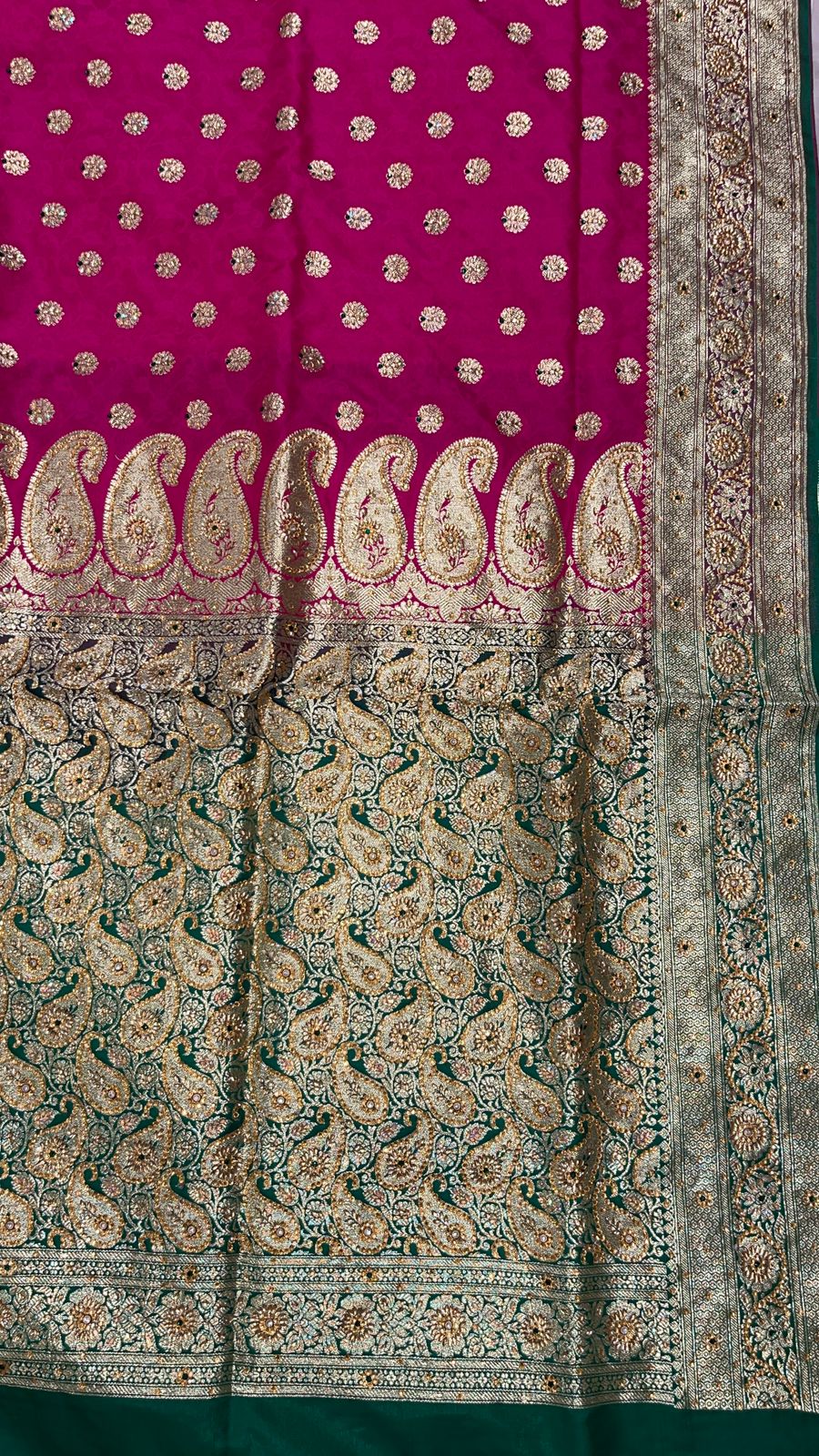 Faishana Presents Pink Stone Work Golden Zari Floral Booti with Contrast Green Paisley Pallu Zari Border and Green Blouse Banarasi Saree