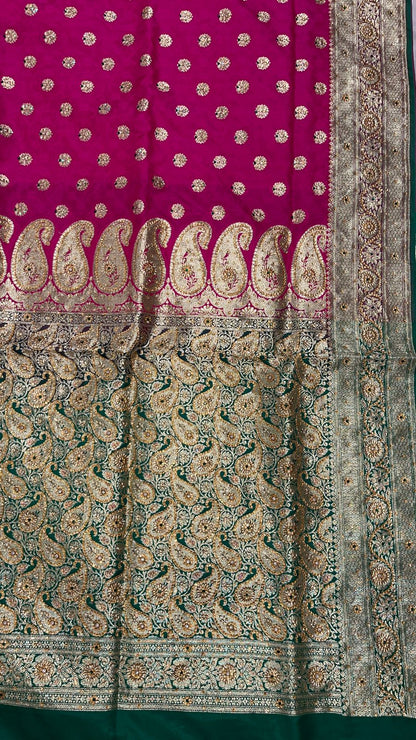 Faishana Presents Pink Stone Work Golden Zari Floral Booti with Contrast Green Paisley Pallu Zari Border and Green Blouse Banarasi Saree