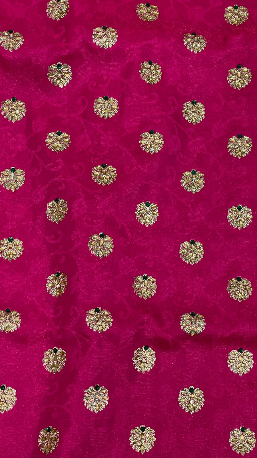Faishana Presents Pink Stone Work Golden Zari Floral Booti with Contrast Green Paisley Pallu Zari Border and Green Blouse Banarasi Saree