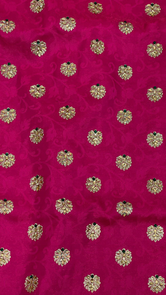 Faishana Presents Pink Stone Work Golden Zari Floral Booti with Contrast Green Paisley Pallu Zari Border and Green Blouse Banarasi Saree