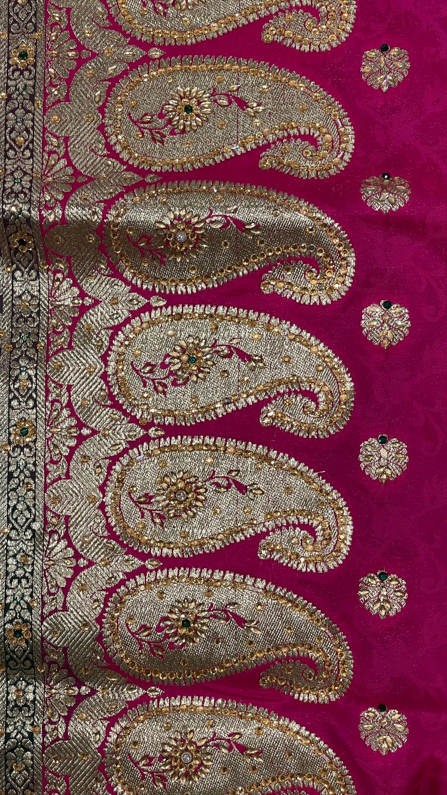 Faishana Presents Pink Stone Work Golden Zari Floral Booti with Contrast Green Paisley Pallu Zari Border and Green Blouse Banarasi Saree